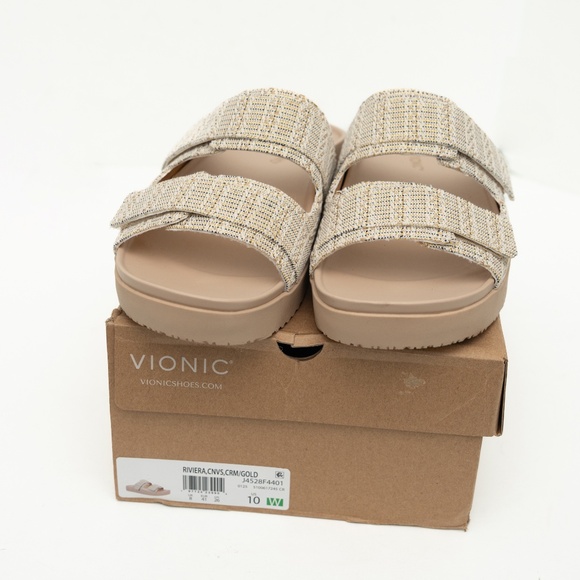 Vionic - Riviera Canvas Cream Gold Slide Sandals Size 10W - Picture 7 of 13